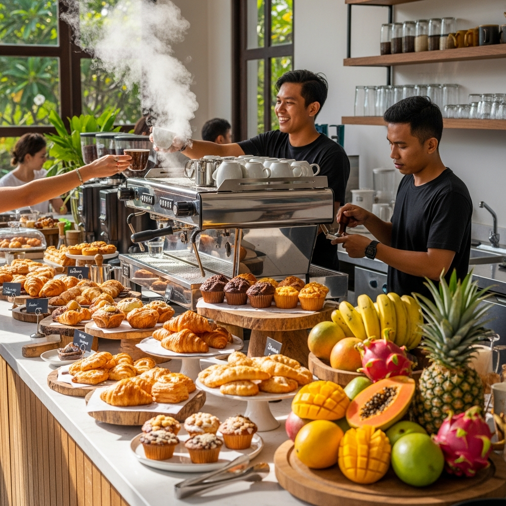 Wide shot of a bright Uluwatu café counter with pastries, tropical fruit, and baristas pulling espresso - travel photo
