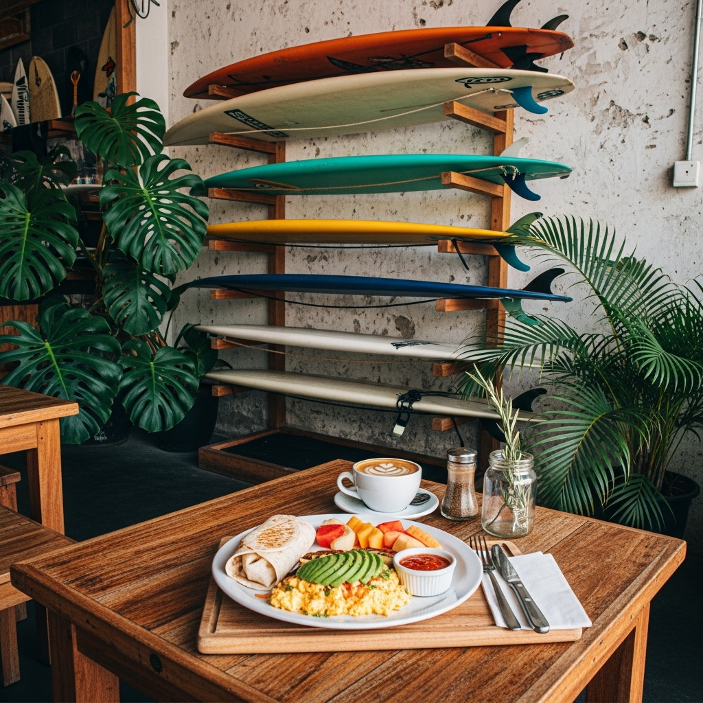 Surf-themed café corner with a breakfast burrito plate, surfboard racks, and tropical plants - travel photo