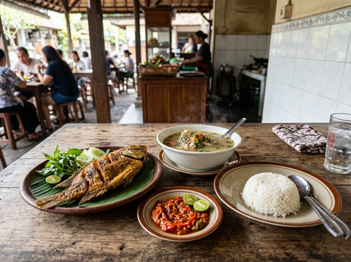 Warung Mak Beng set: fried fish, steaming fish soup, sambal, and rice on a simple table - travel photo