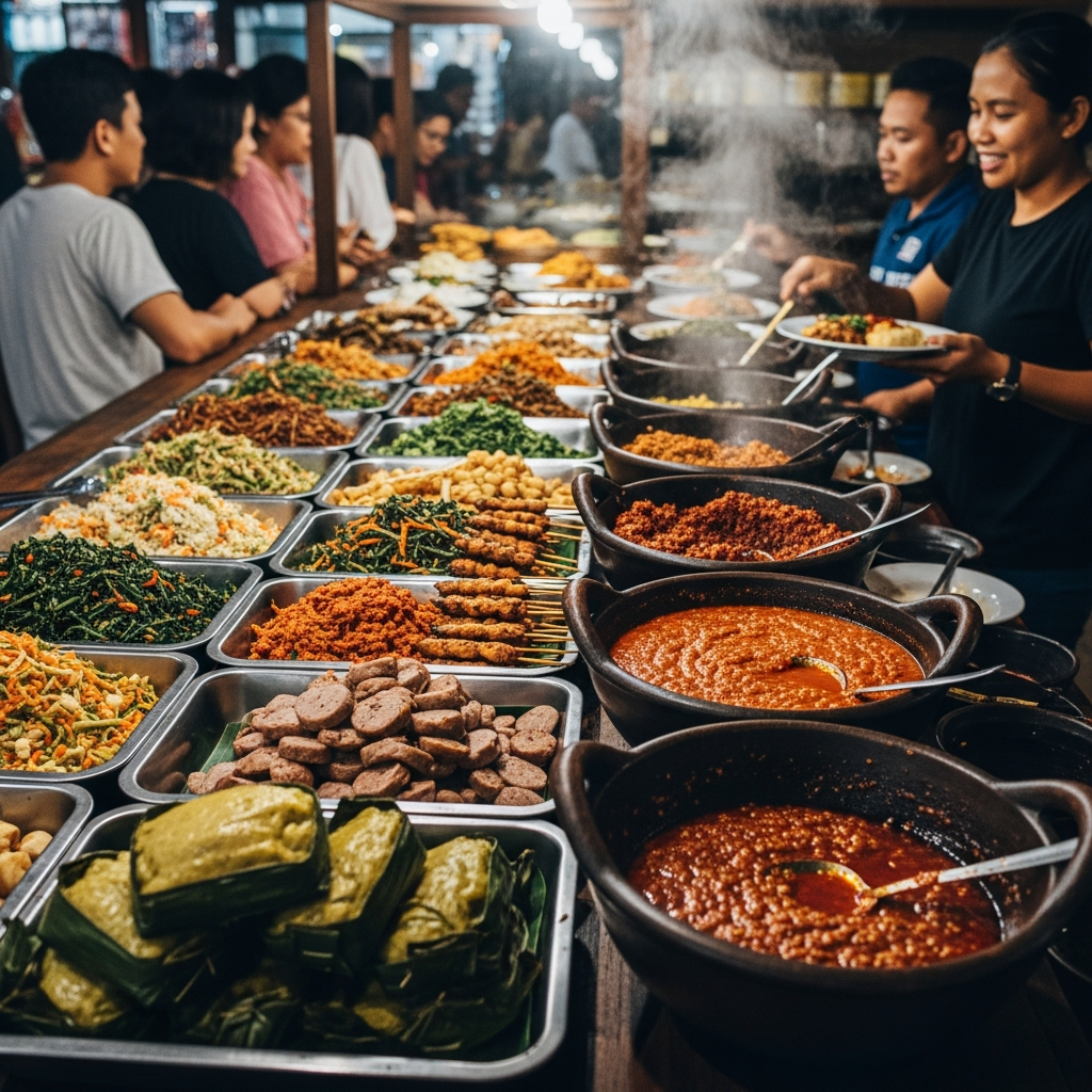 A busy Balinese warung counter with trays of side dishes and sambal - travel photo
