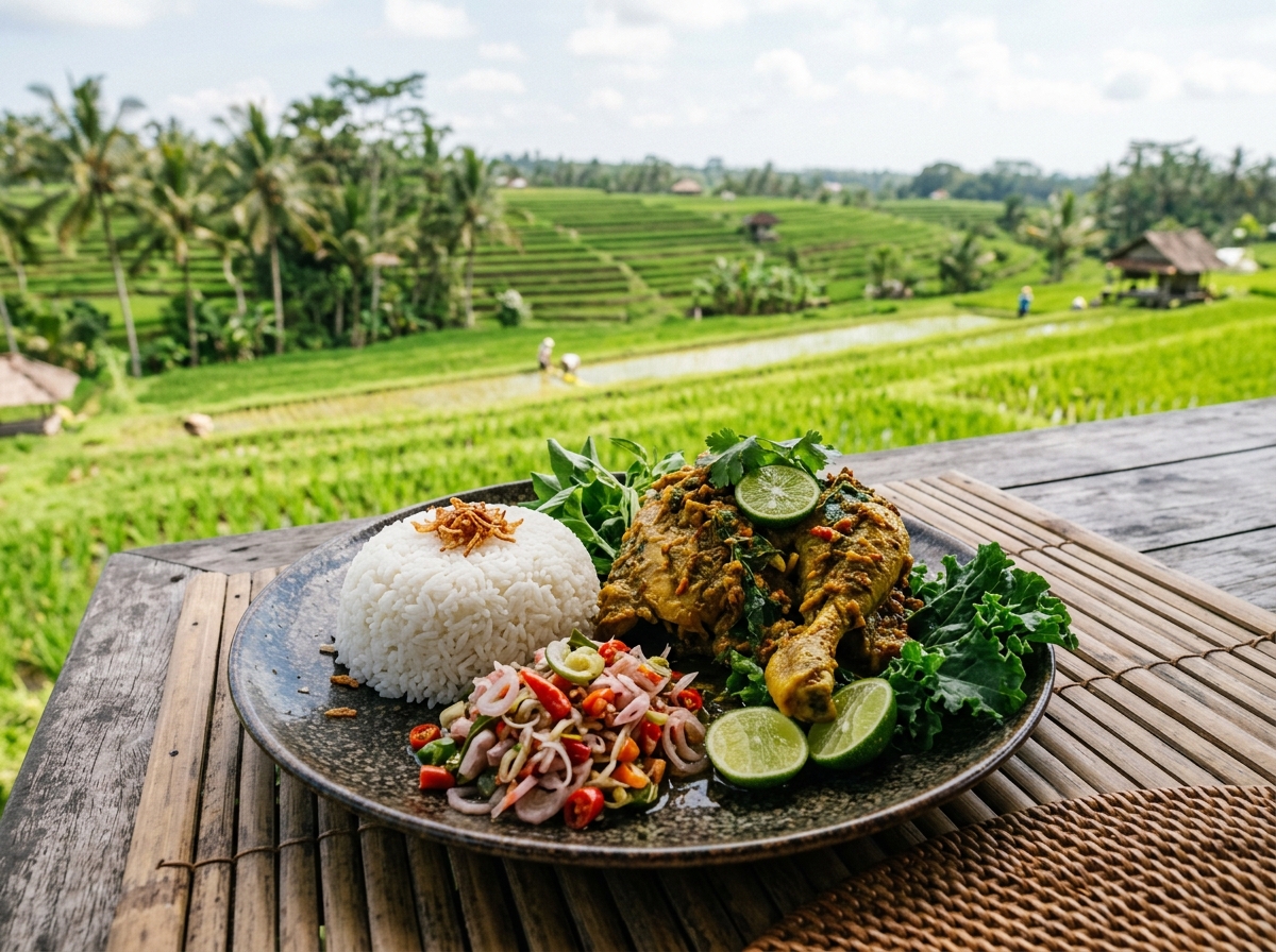 Ayam betutu served on a plate with rice, sambal matah, and leafy garnish beside rice paddies - travel photo