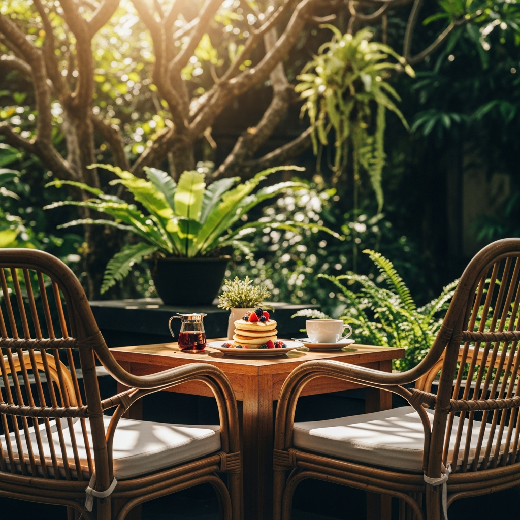 Cozy café seating with rattan chairs, pancakes on the table, and a shaded garden backdrop - travel photo