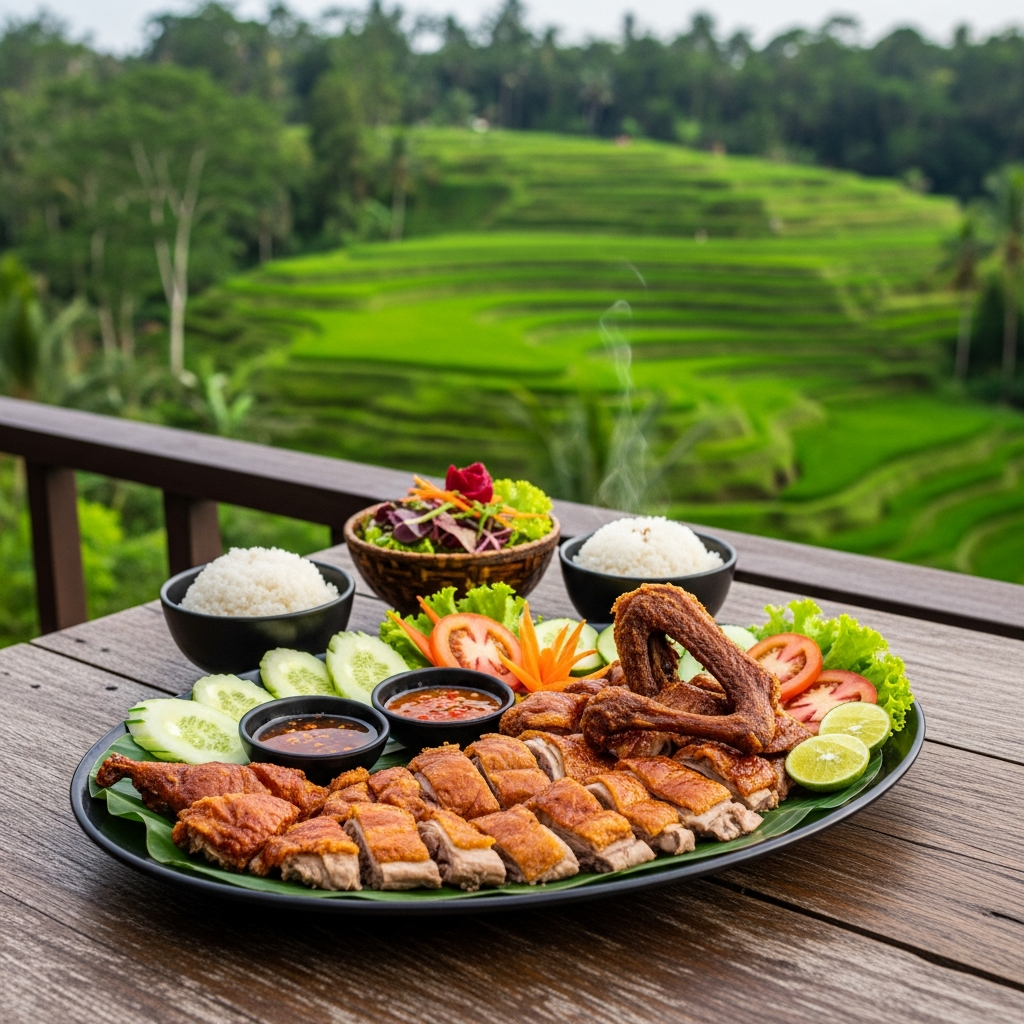 Crispy duck platter on a wooden table with rice-field views in Ubud - travel photo