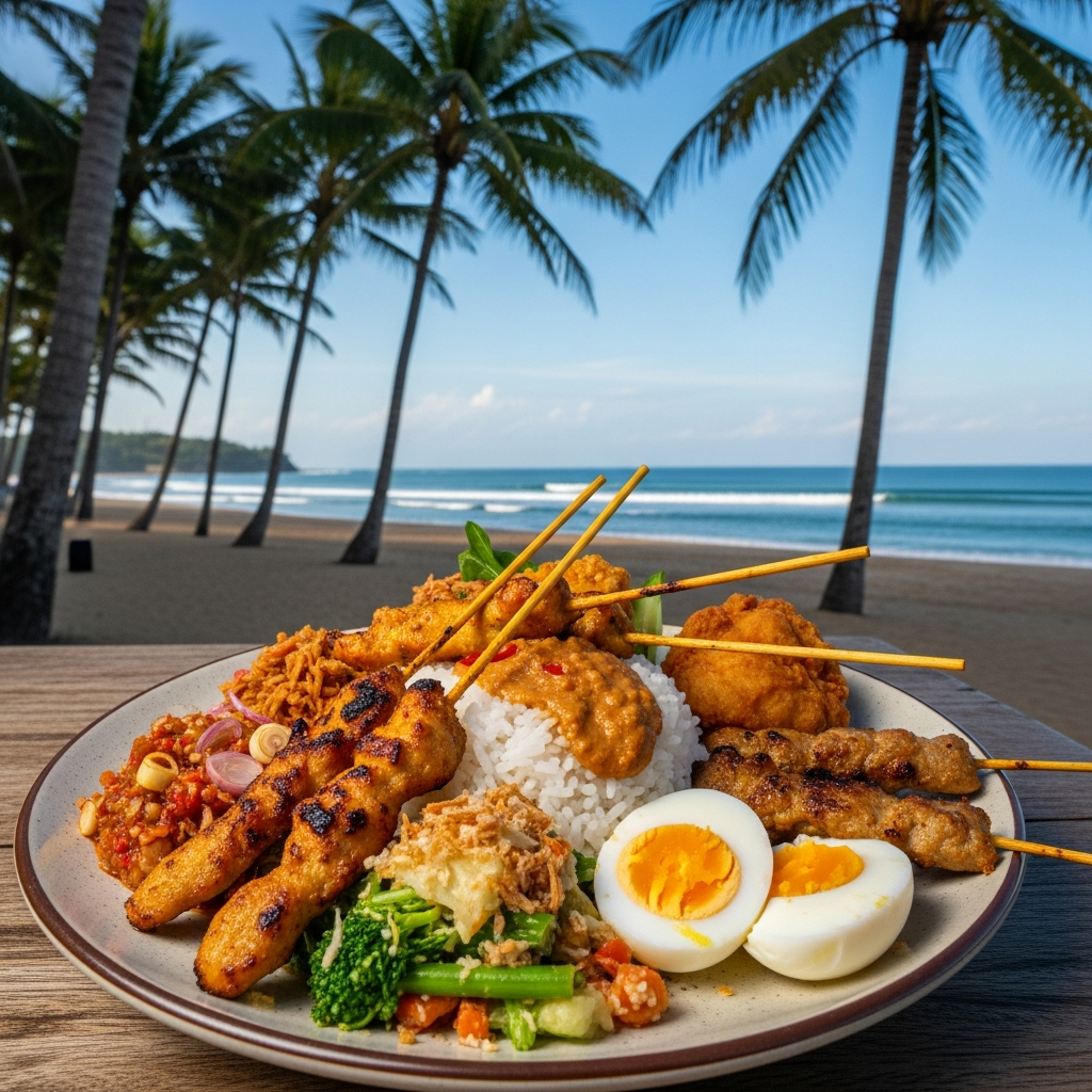 Hero shot of a Balinese mixed rice plate with sambal matah, satay, and a palm-lined beach in the background - hero image
