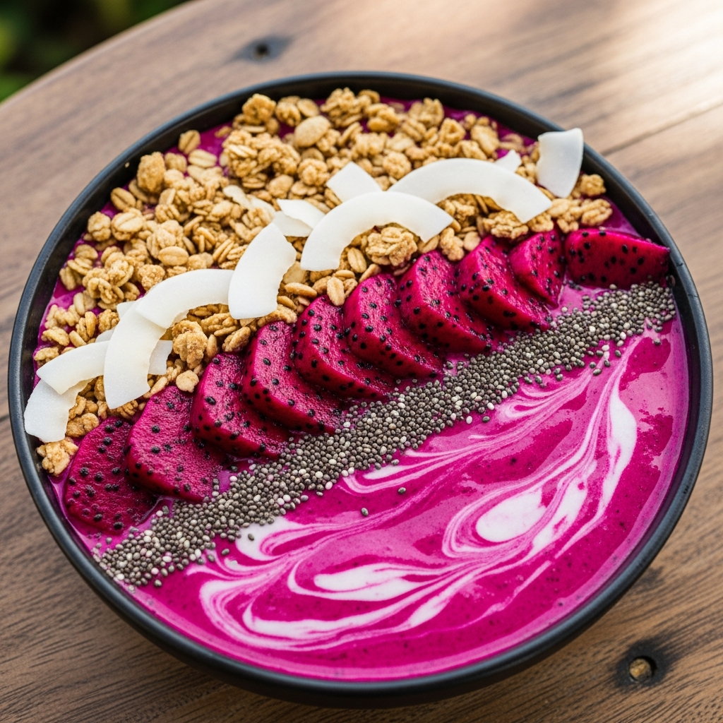 Close-up of a vibrant vegan smoothie bowl with dragon fruit, granola, and coconut flakes on a wooden table - travel photo
