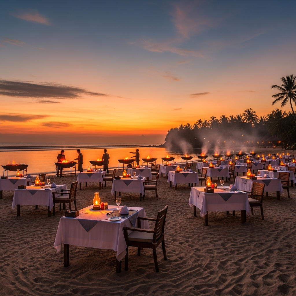 Jimbaran Bay seafood dinner tables on the sand at sunset with grills glowing - travel photo