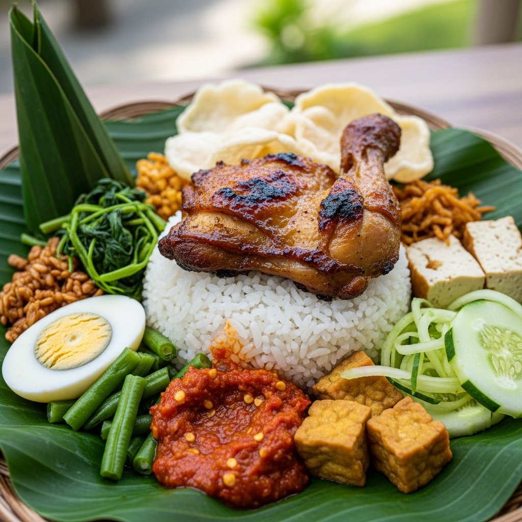 Close-up of nasi campur with sambal, vegetables, and grilled chicken on banana leaf - travel photo