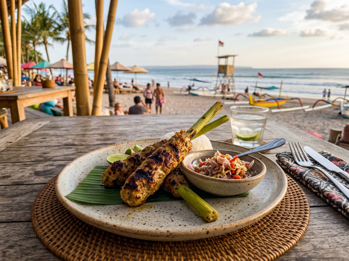 Sate lilit skewers on a plate with sambal matah, set against a beachfront dining scene - travel photo