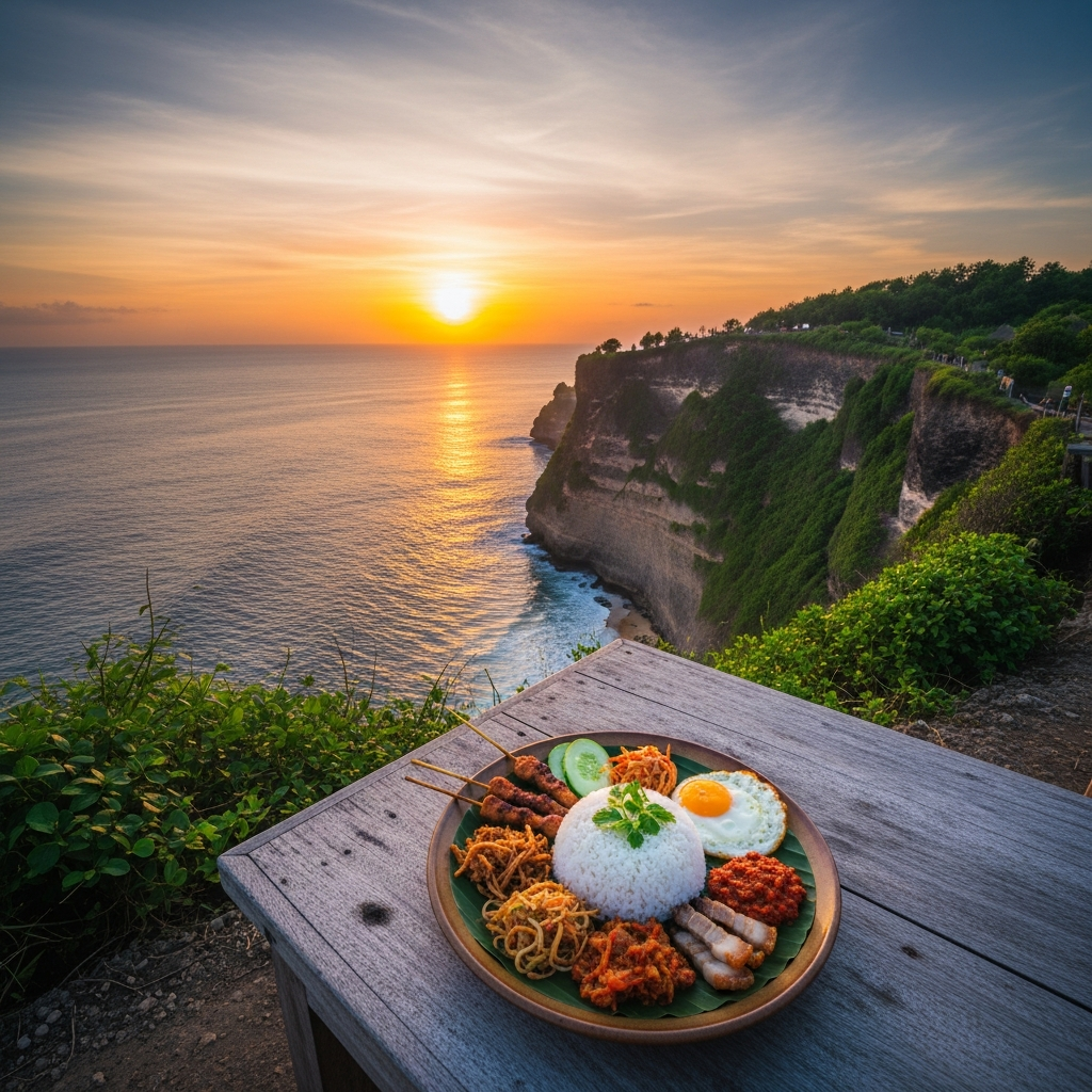 Sunset cliff view in Uluwatu with a plate of nasi campur on a simple wooden table (hero image) - hero image