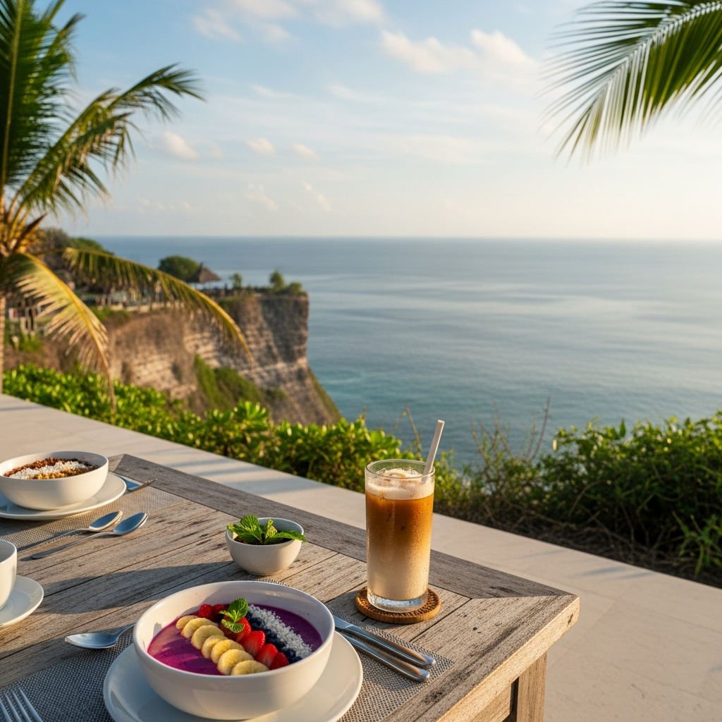 Cliffside terrace breakfast scene with ocean horizon, smoothie bowl, and iced latte in soft morning light - travel photo