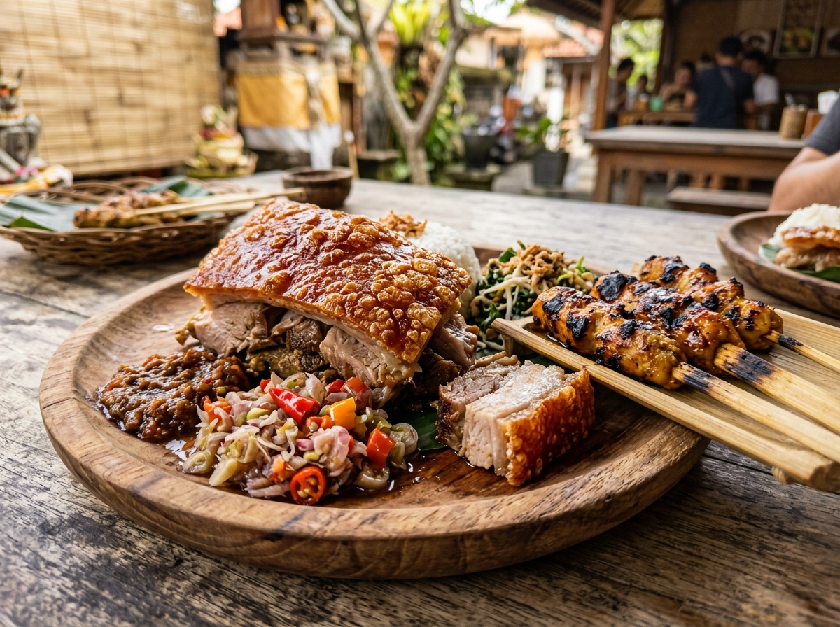 Close-up of babi guling with crispy skin, sambal, and satay skewers - travel photo