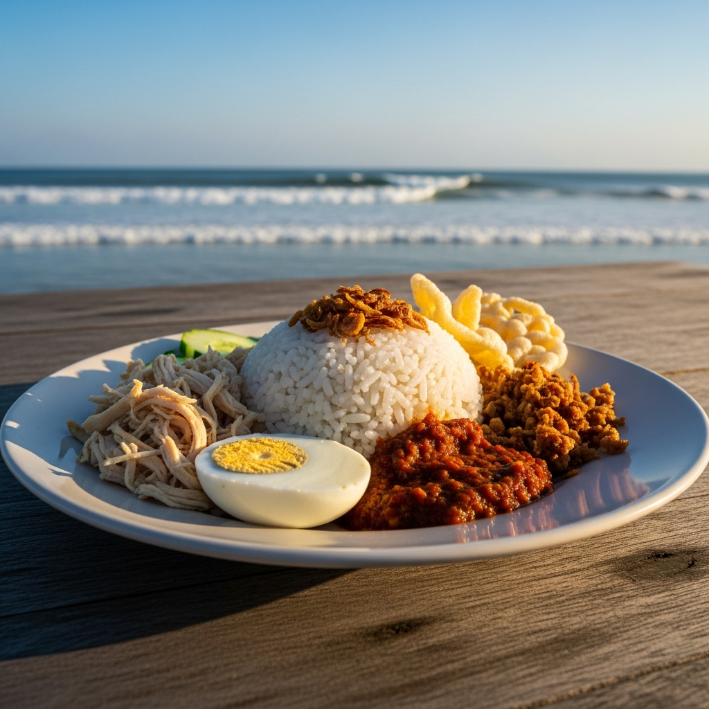 Nasi ayam plate with shredded chicken, sambal, and crisp toppings, eaten near the beach - travel photo