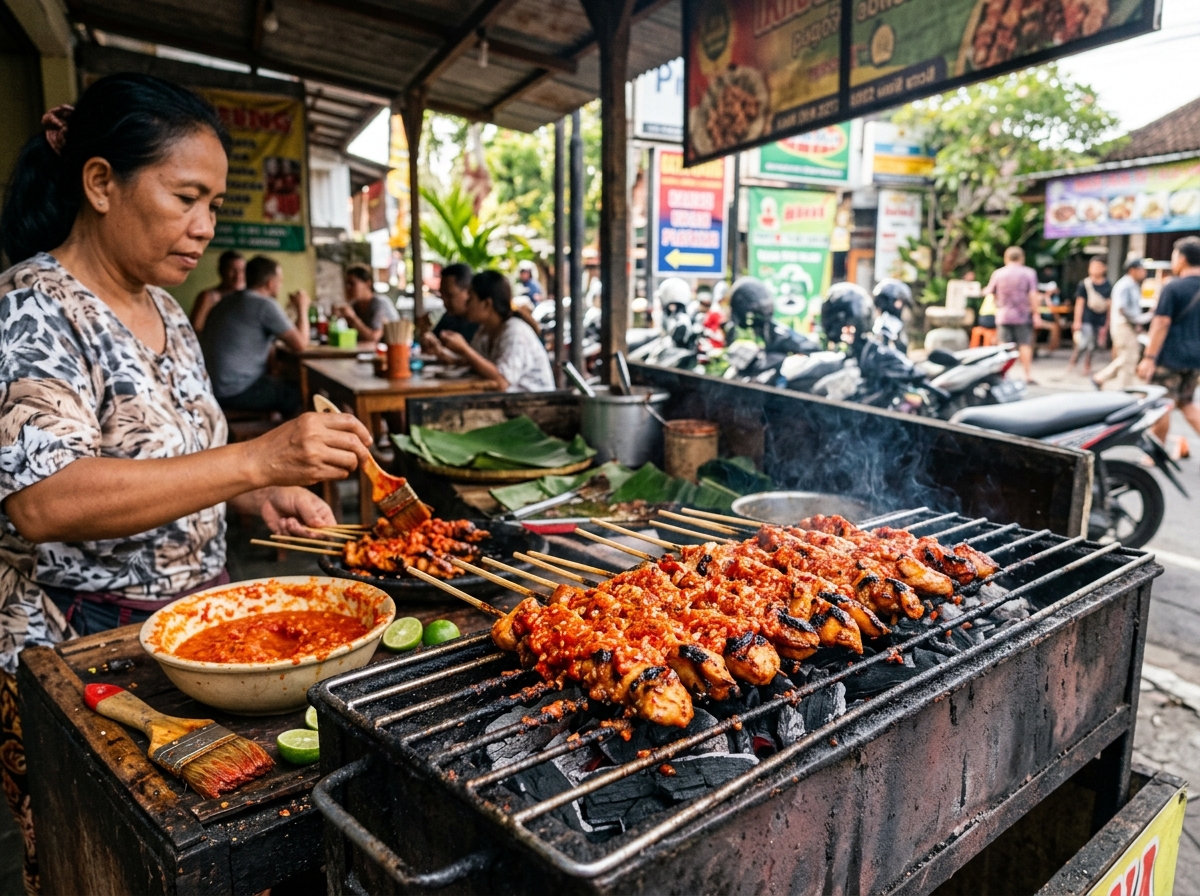 Sate plecing skewers covered in bright red sauce at a roadside stall in Denpasar - travel photo