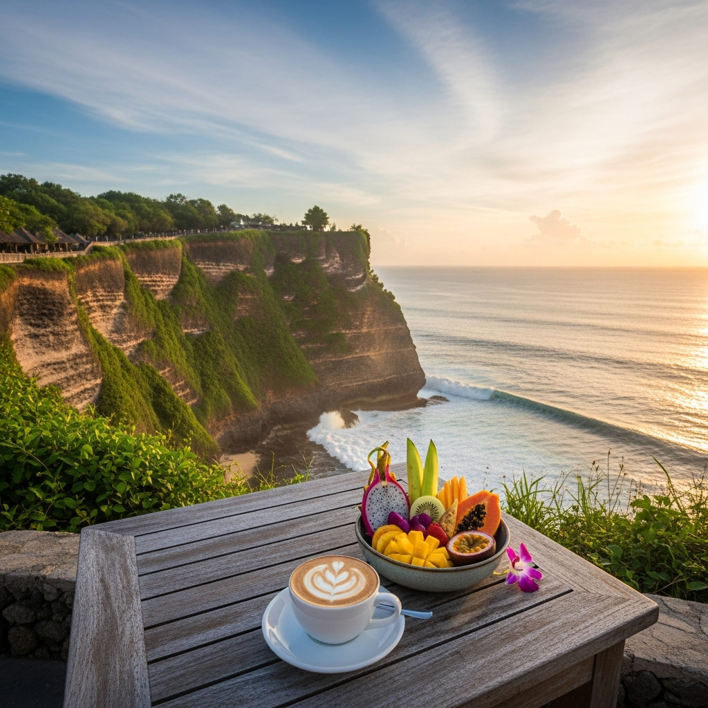 Sunrise hero shot of Uluwatu cliffs with a cappuccino and tropical fruit bowl on a café table overlooking the ocean - hero image